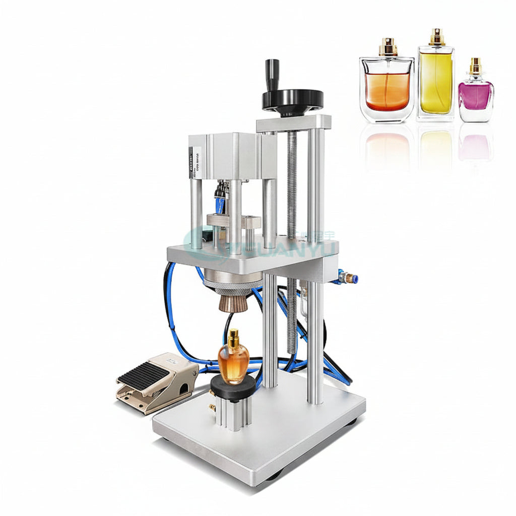 A stainless steel perfume bottle filling machine with a foot pedal, shown on a white background with a brand logo 'GUANYU' in the top left and three example filled perfume bottles in the top right.