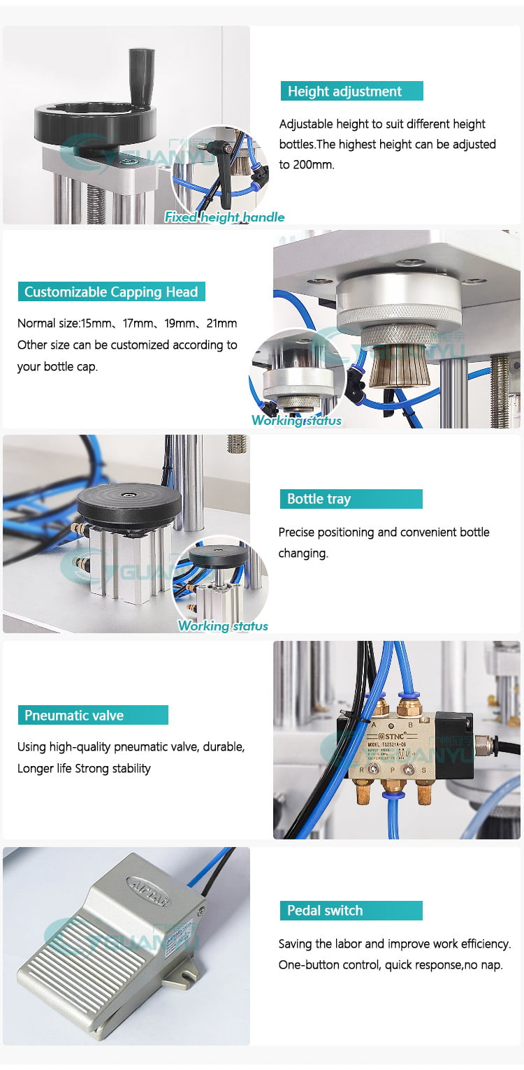 A multi-panel product feature infographic for an automatic wine bottle filling machine. The panels show close-up views of the machine's components, including a height adjustment mechanism, a customizable capping head, a pneumatic valve, and a pedal switch, with corresponding text descriptions on a white background.