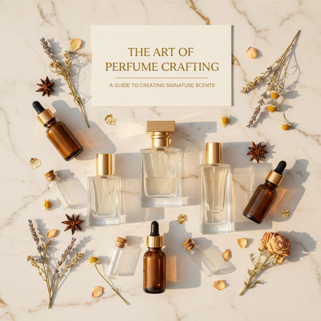 Perfume making guide cover with bottles and botanicals
