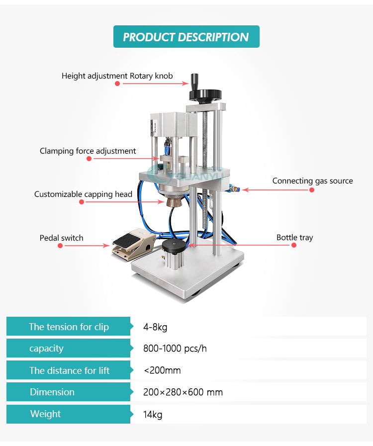 Product description diagram of a gas cylinder clamping machine with labeled callouts including height adjustment knob, clamping force adjustment, connecting gas source, pedal switch, bottle tray, and a specs table at the bottom.